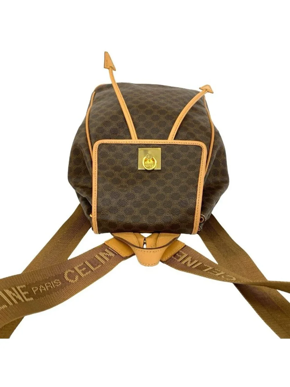 Celine Vintage Macadam Pattern Logo Ring Leather Backpack Brown